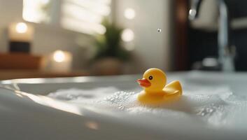 A rubber duck floating in a bubbly bath setting. photo