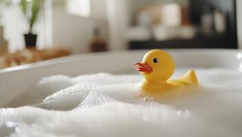 A rubber duck floating in a bathtub photo