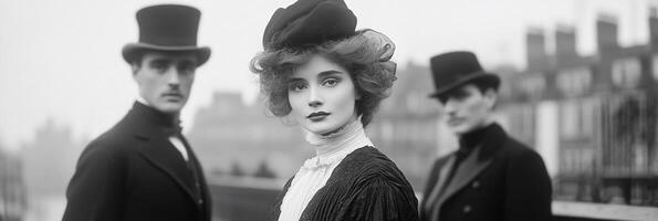 A vintage portrait of elegantly dressed individuals in a historical setting. photo
