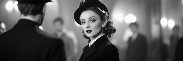 A stylish woman in a vintage outfit gazes in a dimly lit setting. photo