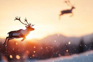 A reindeer leaps through a snowy landscape at sunset, creating a magical scene. photo