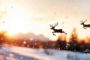 A silhouetted reindeer leaps against a snowy landscape at sunset. photo