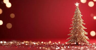 A sparkling golden Christmas tree against a red background. photo