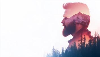 A double exposure of a man with mountains and forests, symbolizing adventure. photo