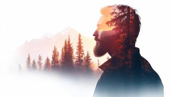 A man with a beard and a mountain in the background photo