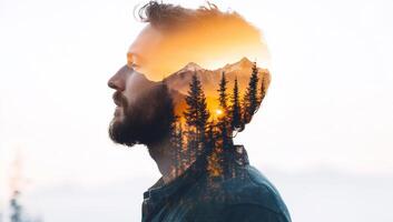 A double exposure of a man and a forest at sunset, symbolizing connection. photo