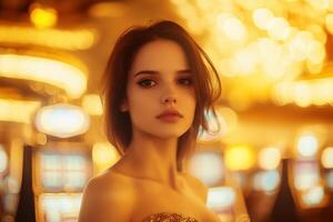 A young woman poses elegantly in a vibrant, illuminated setting. photo