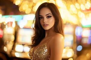 A glamorous woman in a sparkling dress, set against a bright backdrop. photo