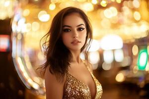 A glamorous portrait of a woman in a sparkling outfit with a blurred background. photo