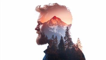 A double exposure image of a man's profile with mountains and trees. photo