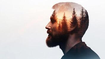 A double exposure image blending a man's profile with a forest landscape. photo