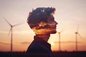 A silhouette of a man with a landscape reflecting inside his profile. photo