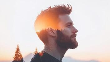 A double exposure portrait blending a man with a serene landscape. photo