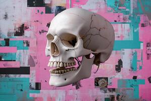 A realistic skull against a colorful abstract background. photo