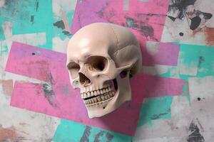 A skull is on a colorful wall photo