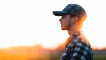 A young man in a cap stands thoughtfully against a sunset backdrop. photo