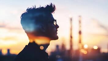 A silhouette of a person against a sunset with industrial structures. photo