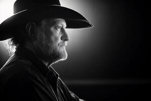 A profile portrait of a man wearing a cowboy hat in black and white. photo