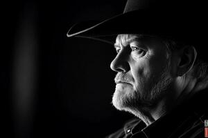 A monochrome portrait of a man in a cowboy hat, showcasing a thoughtful expression. photo