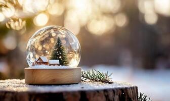 A snow globe featuring a winter scene with a cabin and tree. photo