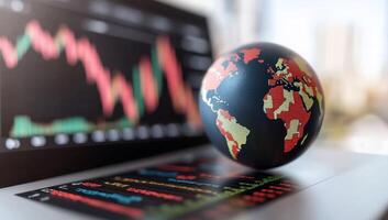 A globe on a laptop displaying financial graphs and data analysis. photo