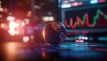 A globe representing Earth on a desk with financial charts in the background. photo