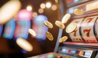 A close-up of a slot machine with coins falling and colorful lights. photo