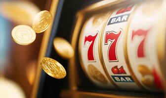 A close-up of a slot machine with spinning reels and coins. photo