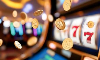 Coins floating near a slot machine with spinning reels. photo