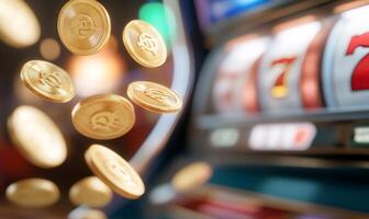 A dynamic scene featuring coins and a slot machine, symbolizing gambling. photo