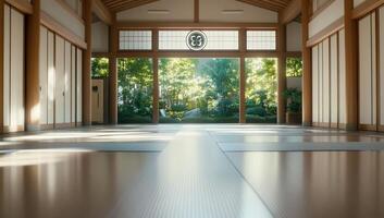 Serene interior of a traditional space with a view of a garden. photo