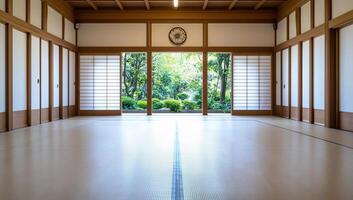An empty room with wooden floors and large windows photo