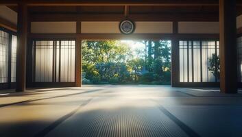 An empty room with a sun shining through the window photo