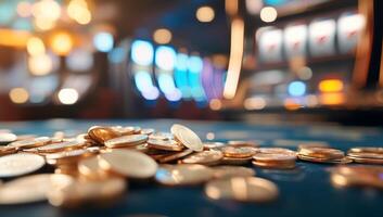 Casino chips on a table in front of a slot machine photo