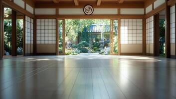 An empty room with wooden floors and windows photo
