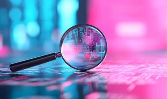A magnifying glass over digital data, highlighting analysis and insight. photo
