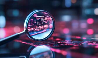 A magnifying glass over digital data, symbolizing analysis and technology. photo