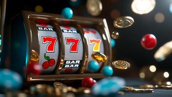 A vibrant slot machine with spinning reels and scattered coins. photo