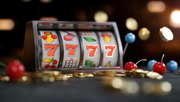A colorful slot machine with cherries and coins, symbolizing gambling. photo