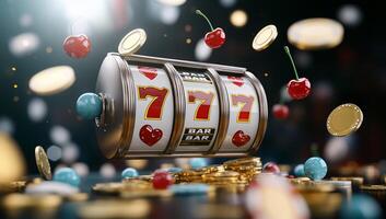 A vibrant slot machine surrounded by coins and cherries, symbolizing gambling. photo