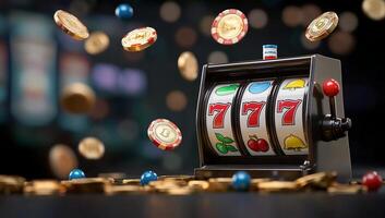 A classic slot machine with coins and symbols, representing gambling fun. photo