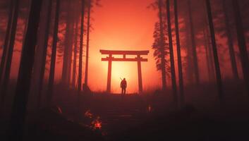 A silhouette stands before a torii gate against a fiery sunset backdrop. photo