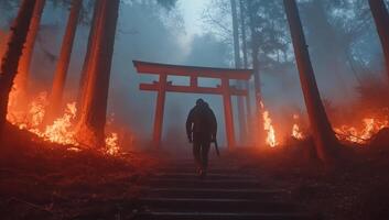 A figure walks towards a torii gate amidst a smoky, fiery forest. photo