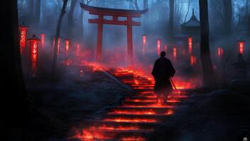 A lone figure walks through a mystical forest with fiery paths and lanterns. photo