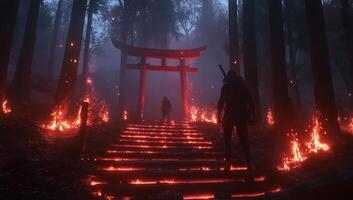 A mystical scene with a torii gate amidst fiery surroundings in a forest. photo