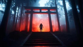 A silhouette stands before a glowing torii gate in a misty forest. photo