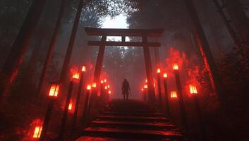 A mysterious forest path illuminated by red lanterns and fog. photo