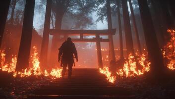 A figure stands before a torii gate surrounded by flames in a forest. photo
