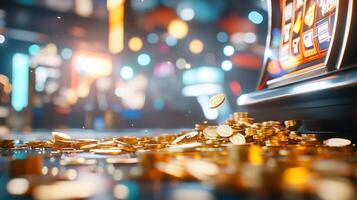 A close-up of coins spilling from a slot machine in a vibrant casino. photo