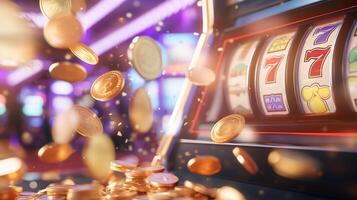 A close-up of a slot machine with coins spilling around it. photo